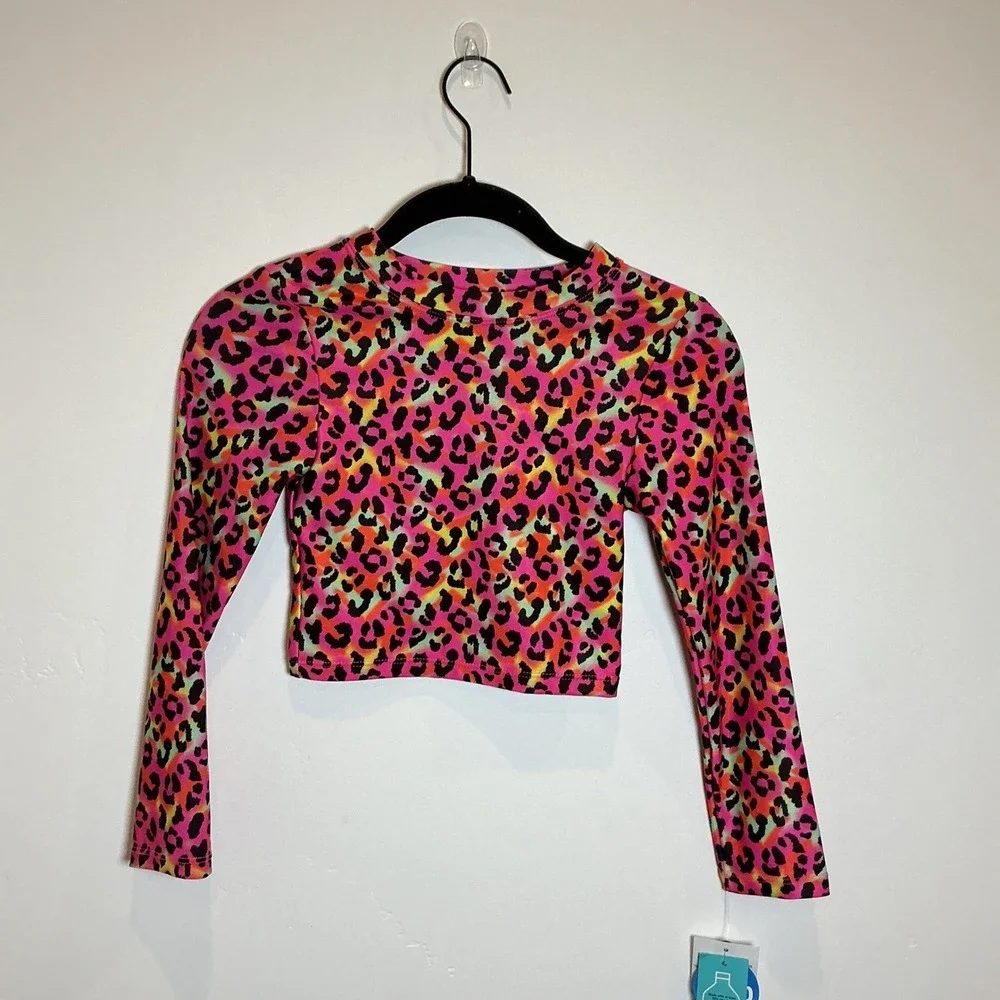 Wave Zone Girls Long Sleeve Crop Top M 7/8 Neon Leopard Print